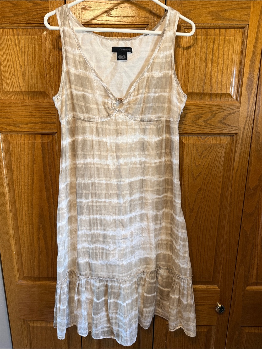 Calvin Klein Jeans Beige Tie-Dye Tank Dress with Ring Detail-Size: Medium